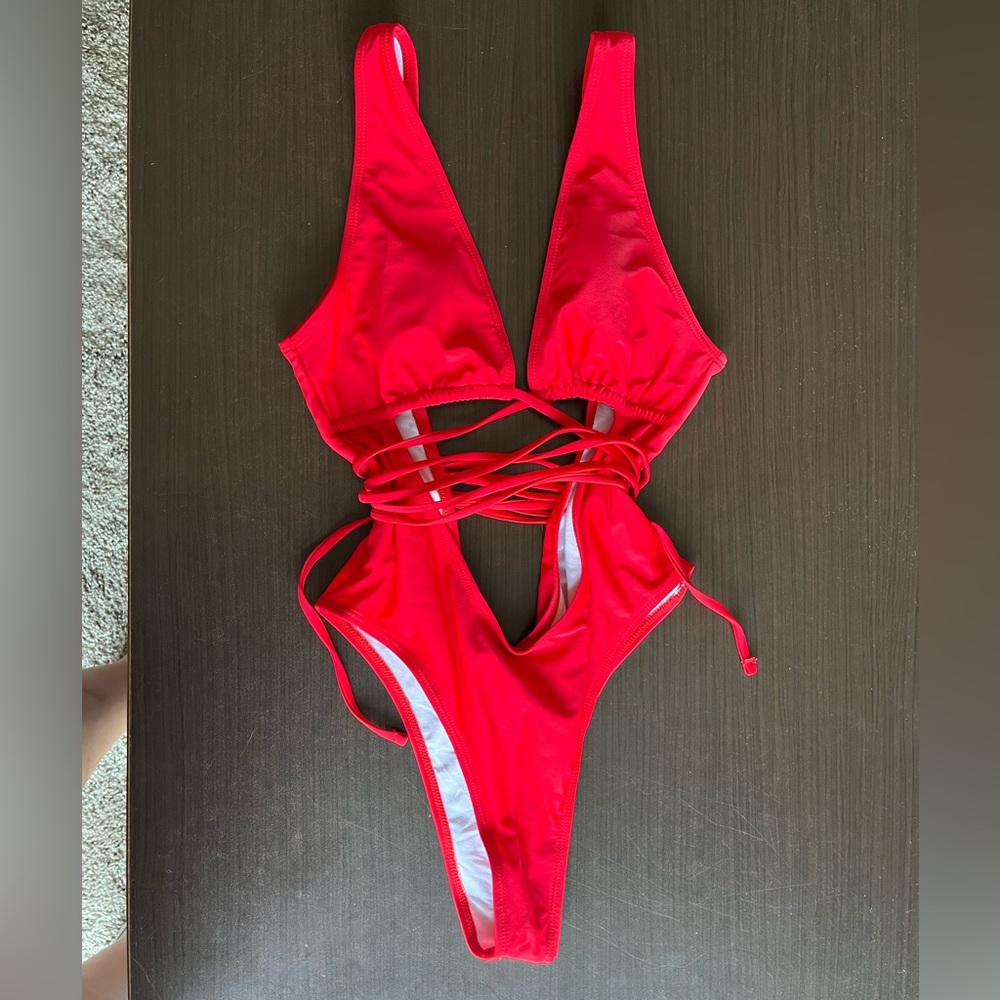 Red SHEIN One Piece Tie Waist Thong Cheeky Bottoms Swimsuit Bathing suit